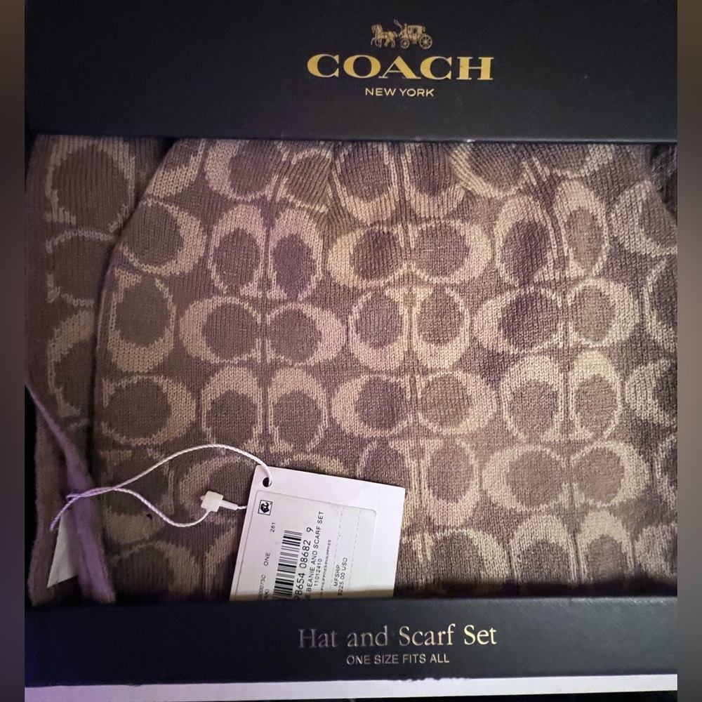 Coach Brown Signature Beanie Hat and Scarf Set